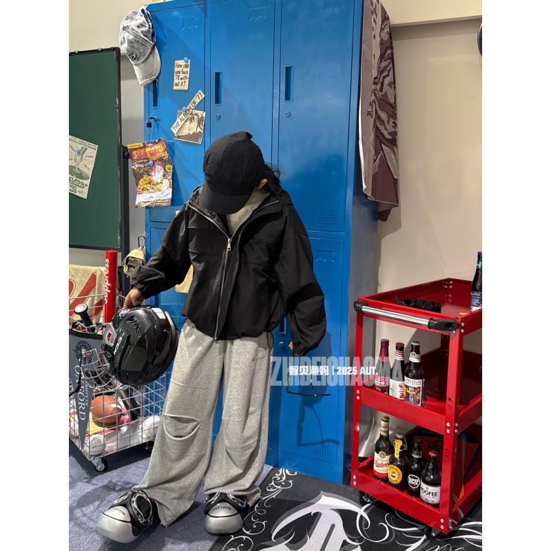 连帽直下摆男女短款拼接秋季短外套黑色运动外套