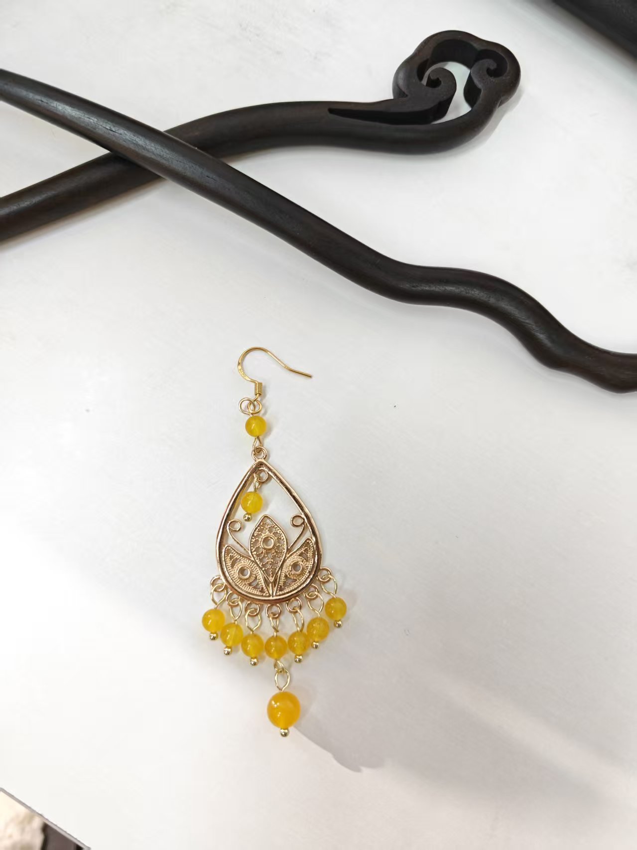 炑歌K397原创姜黄色一对长流苏挂坠气质手工国风百搭时尚发簪