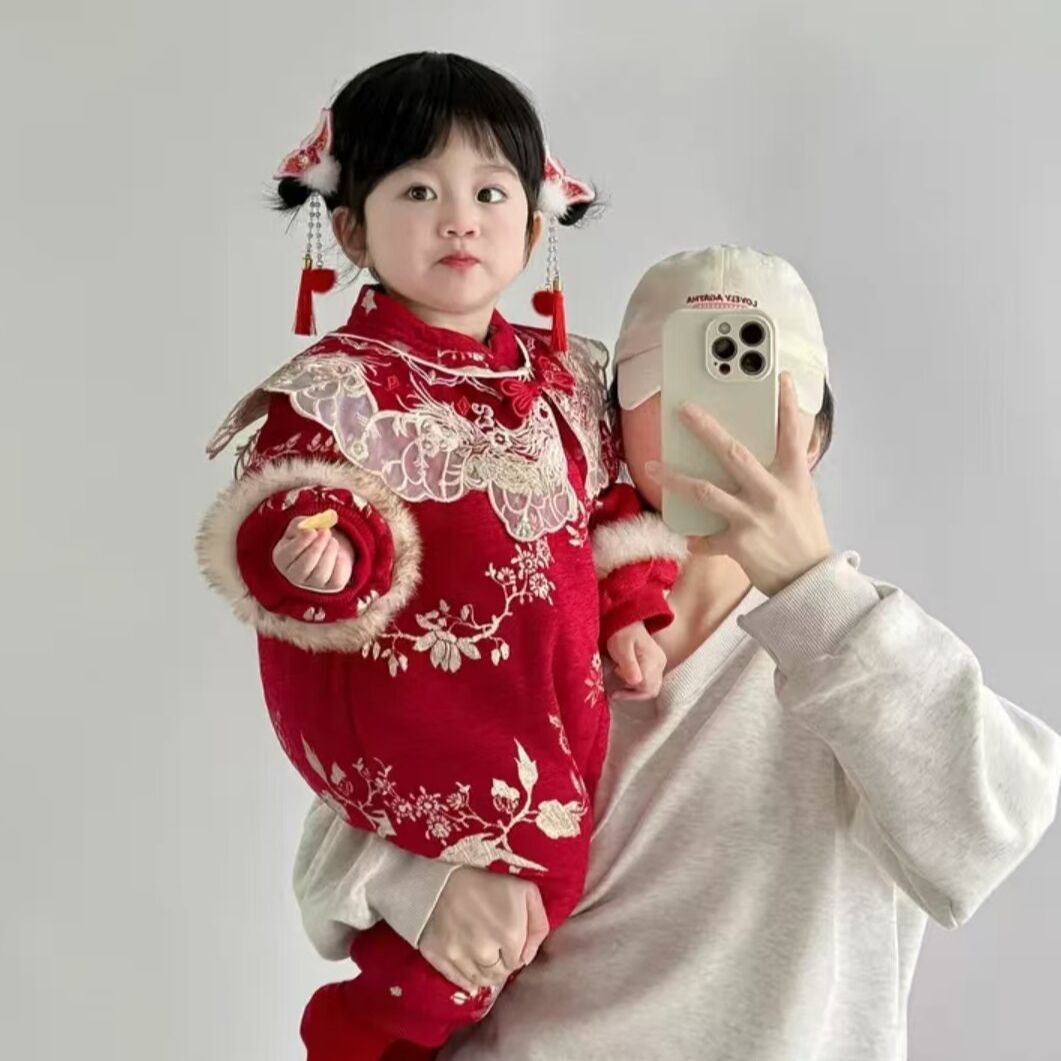 婴儿冬装夹棉加厚连体衣服拜年服宝宝红色喜庆国风保暖棉服外出服