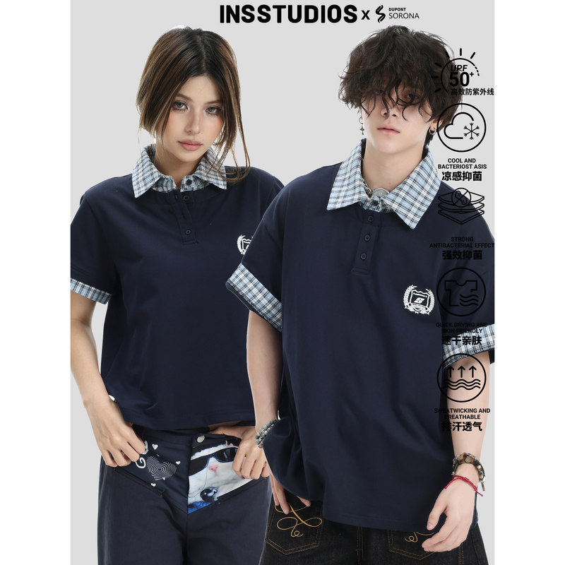 INSstudios 国潮牌情侣美式假两件拼接格纹翻领短袖凉感POLO衫T恤