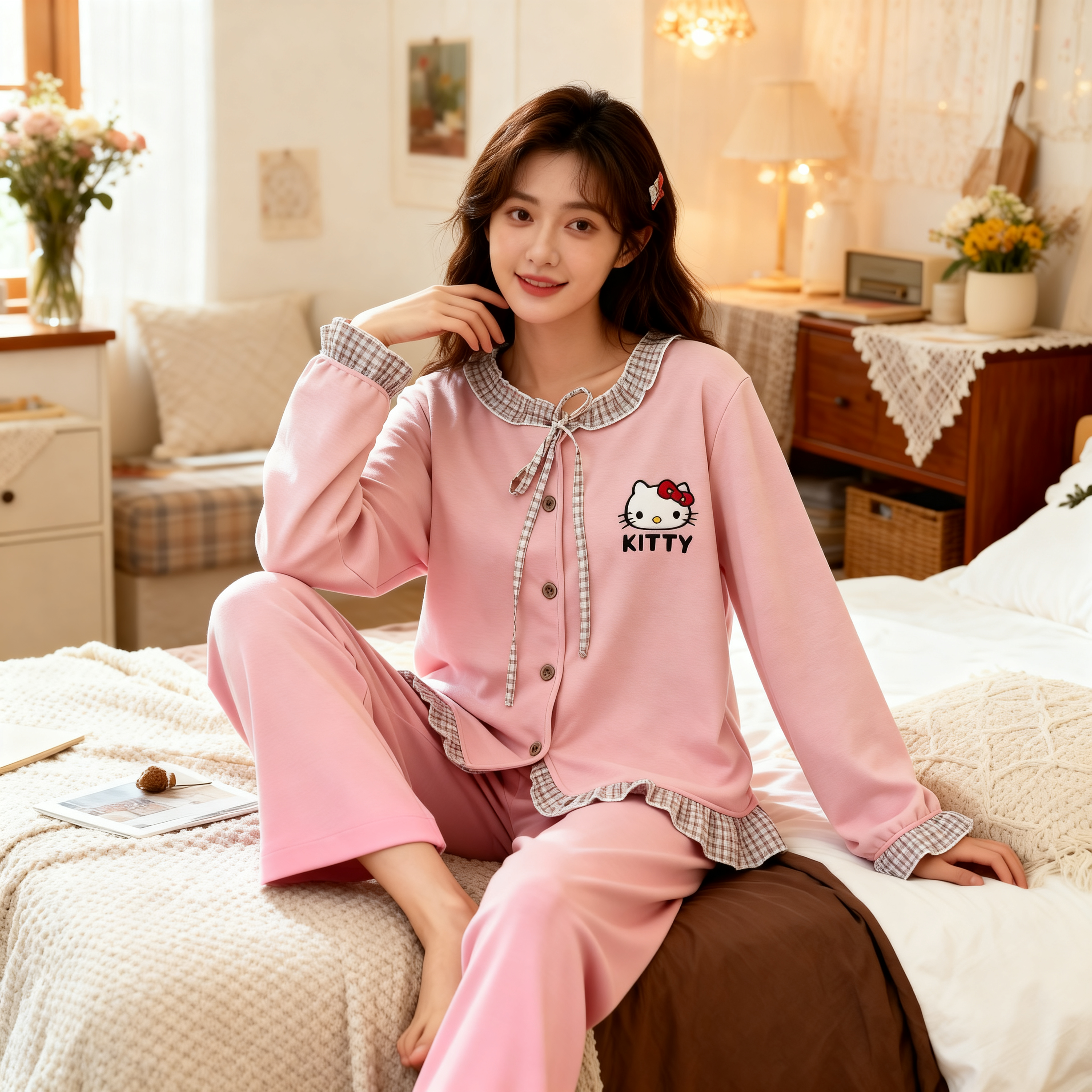 保暖卡通kitty猫2025新款羊绒 桑蚕丝睡衣家居服套装秋冬款