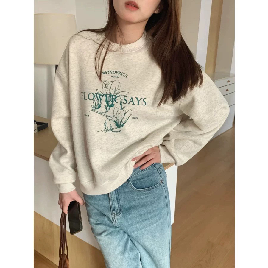 在韩加绒卫衣冬季花朵字母印花圆领宽松新款百搭休闲上衣女