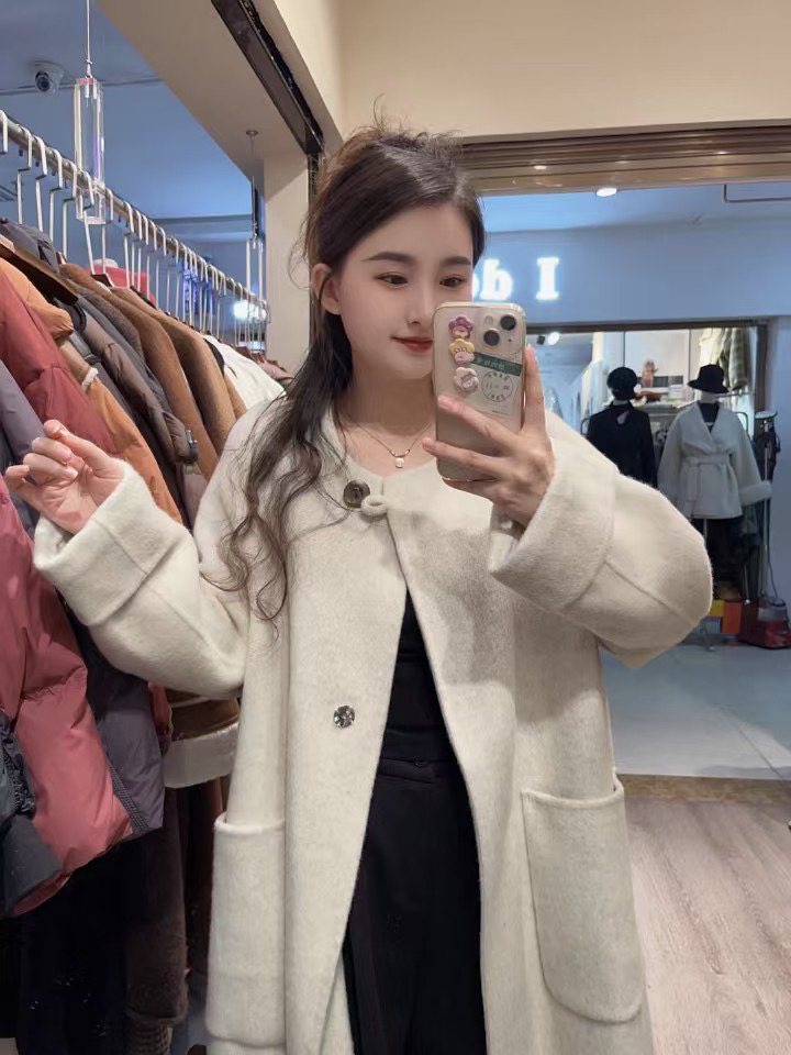 欧货高端圆领长款双面羊绒大衣女2024秋季新款气质大口袋长袖外套