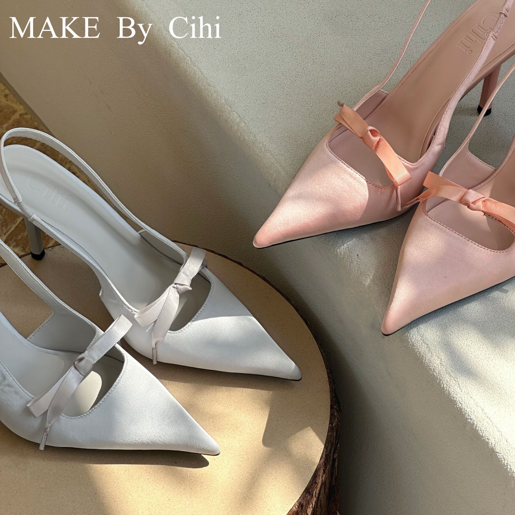 Cihi設計’Fairy pink’   奢美氛围感 缎面尖头包头后绑带细跟单鞋