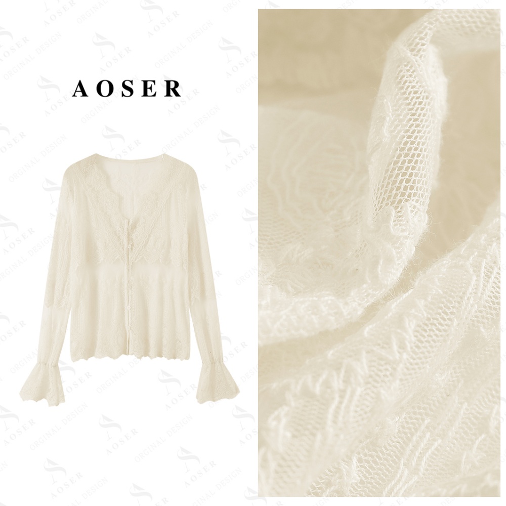 AOSER蕾丝花瓣袖女装蕾丝打底衫气质长袖时尚小衫显瘦镂空6133