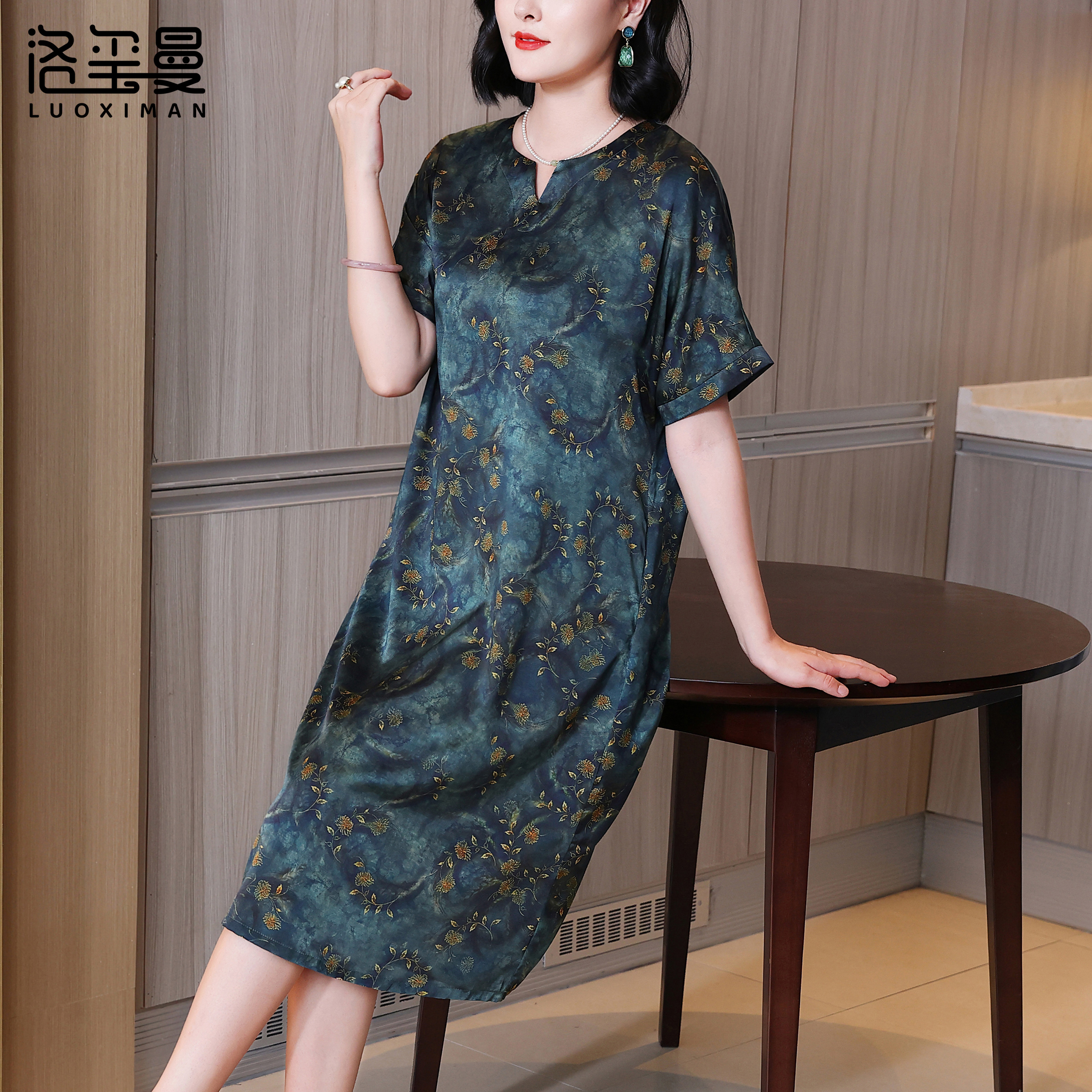 洛玺曼杭州桑蚕丝真丝连衣裙高端新款奢华高贵气质妈妈夏装裙子女