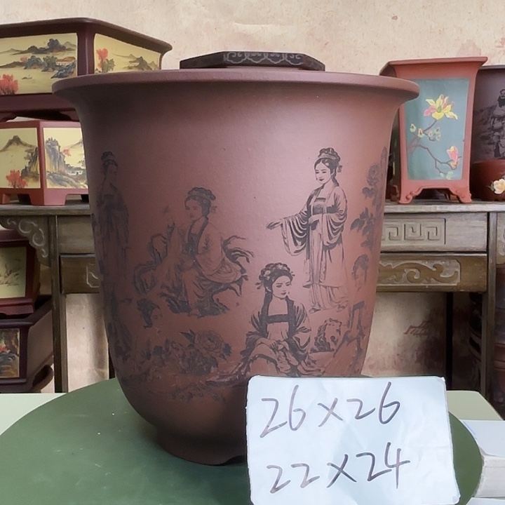 紫砂花盆刻绘十二钗