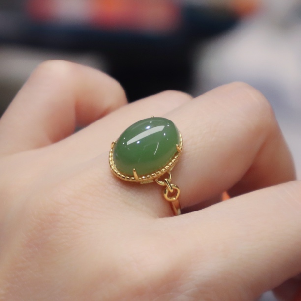 【吾欢】天然和田玉和田碧玉大蛋面时尚经典款开口戒指