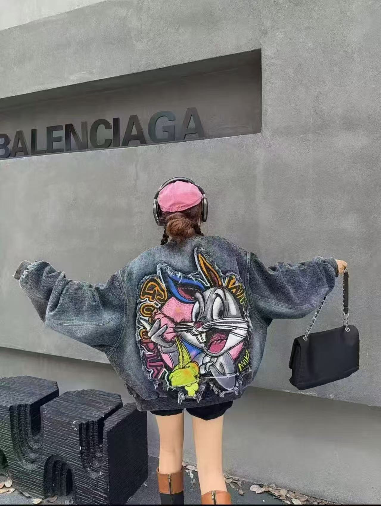 宽松大码时尚百搭休闲重工刺绣兔八哥情侣款棒球牛仔服外套夹克