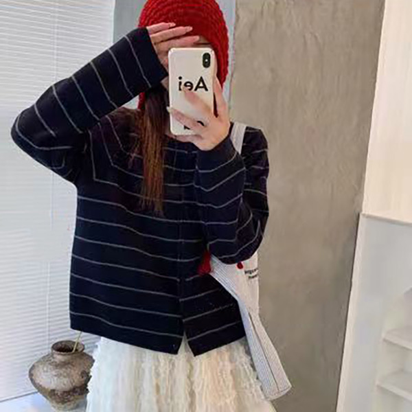 新新定制-慵懒百搭质感美拉德复古撞色条纹针织开衫450331