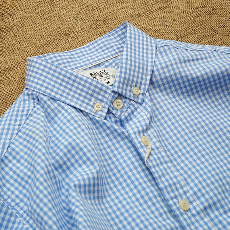 浅蓝中格纯棉男装长袖休闲男衬衫春秋薄款翻领格子衬衣218