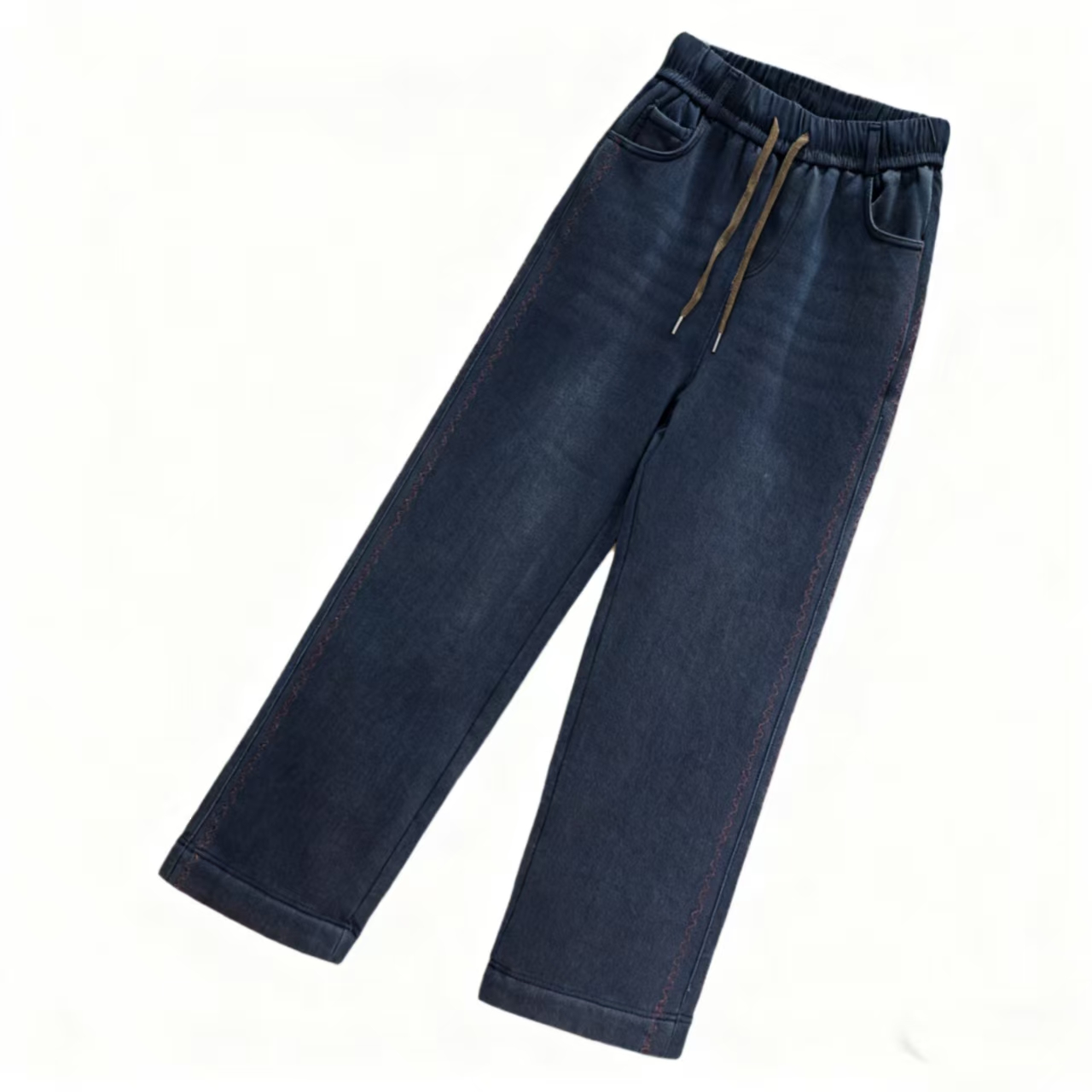 9284-水洗仿牛仔（丹宁蓝）侧边红条加绒直筒裤