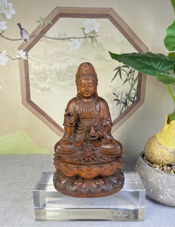 小叶黄杨木仿古（坐莲观音）高度17口径10家居供奉保平安木雕工艺