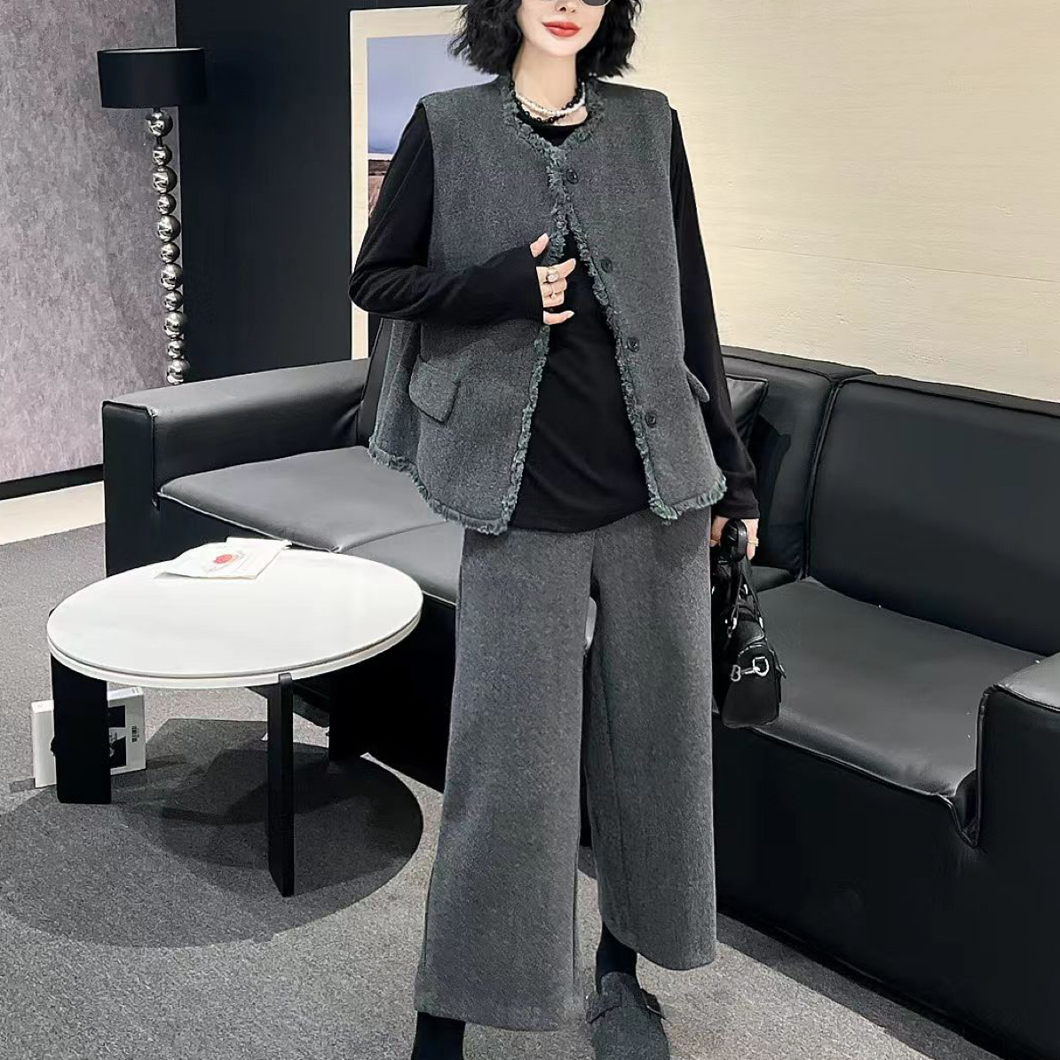 胖妹妹圆领毛边马甲长袖打底衫阔腿长裤大码女装气质轻熟风三件套