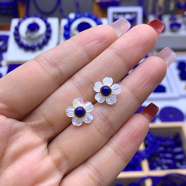 青金石耳钉银S925镀金镶嵌