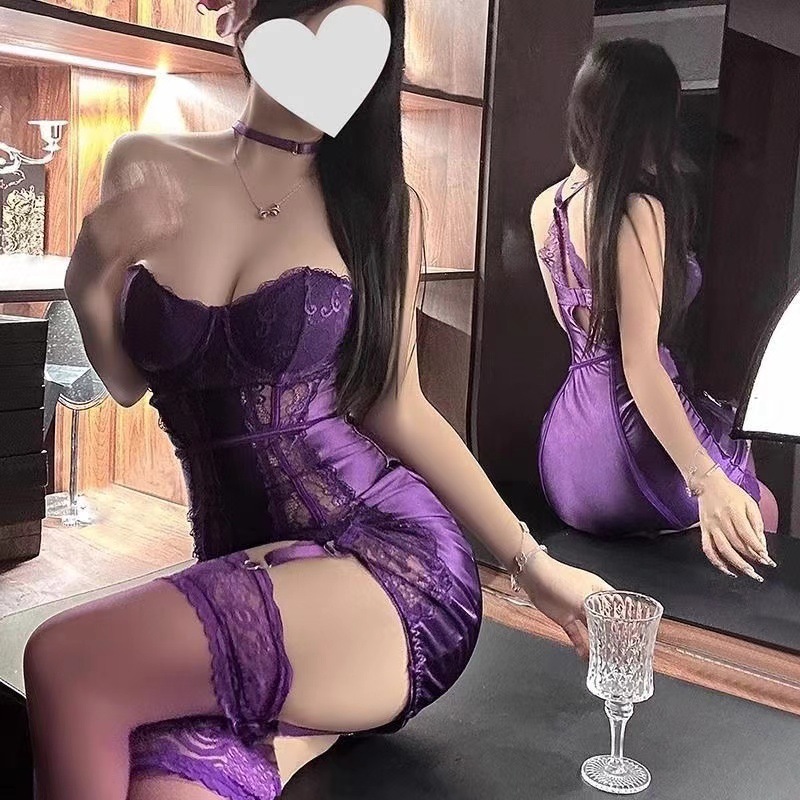 性感蕾丝缎面紫色包臀裙女聚拢小胸诱惑纯欲情趣内衣免脱睡衣制服
