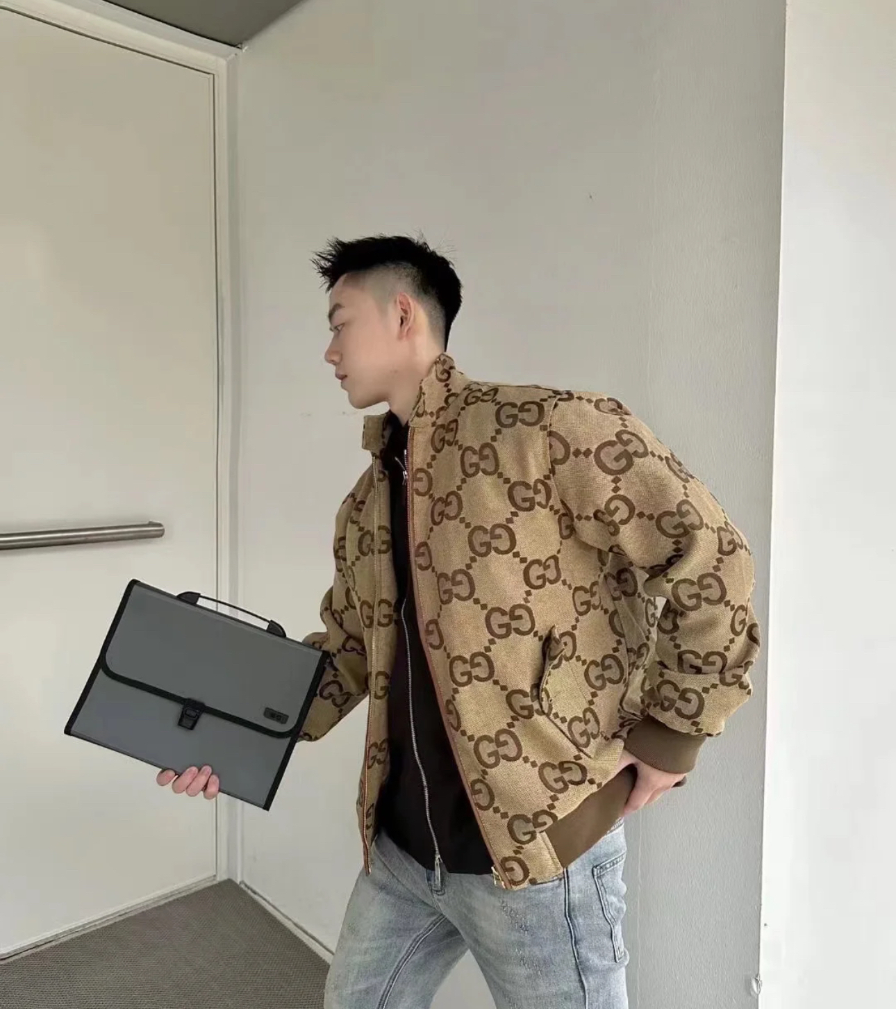 99新 GUCCI/古驰 Fw21满印满印帆布长袖立领夹克外套-公价21700
