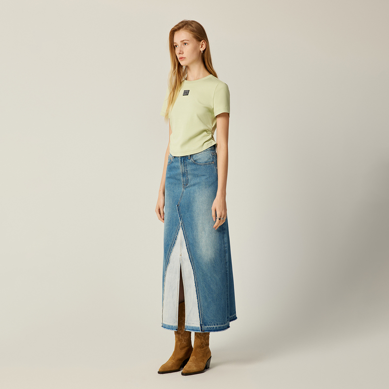 【小北专属】MOISSAC春新品棉100圆领撞色抽褶收腰修身短袖T恤女