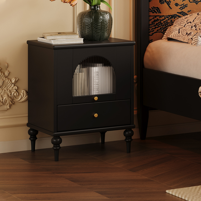 法式复古实木床头柜简约现代小型黑色收纳储物柜子家用卧室床边柜