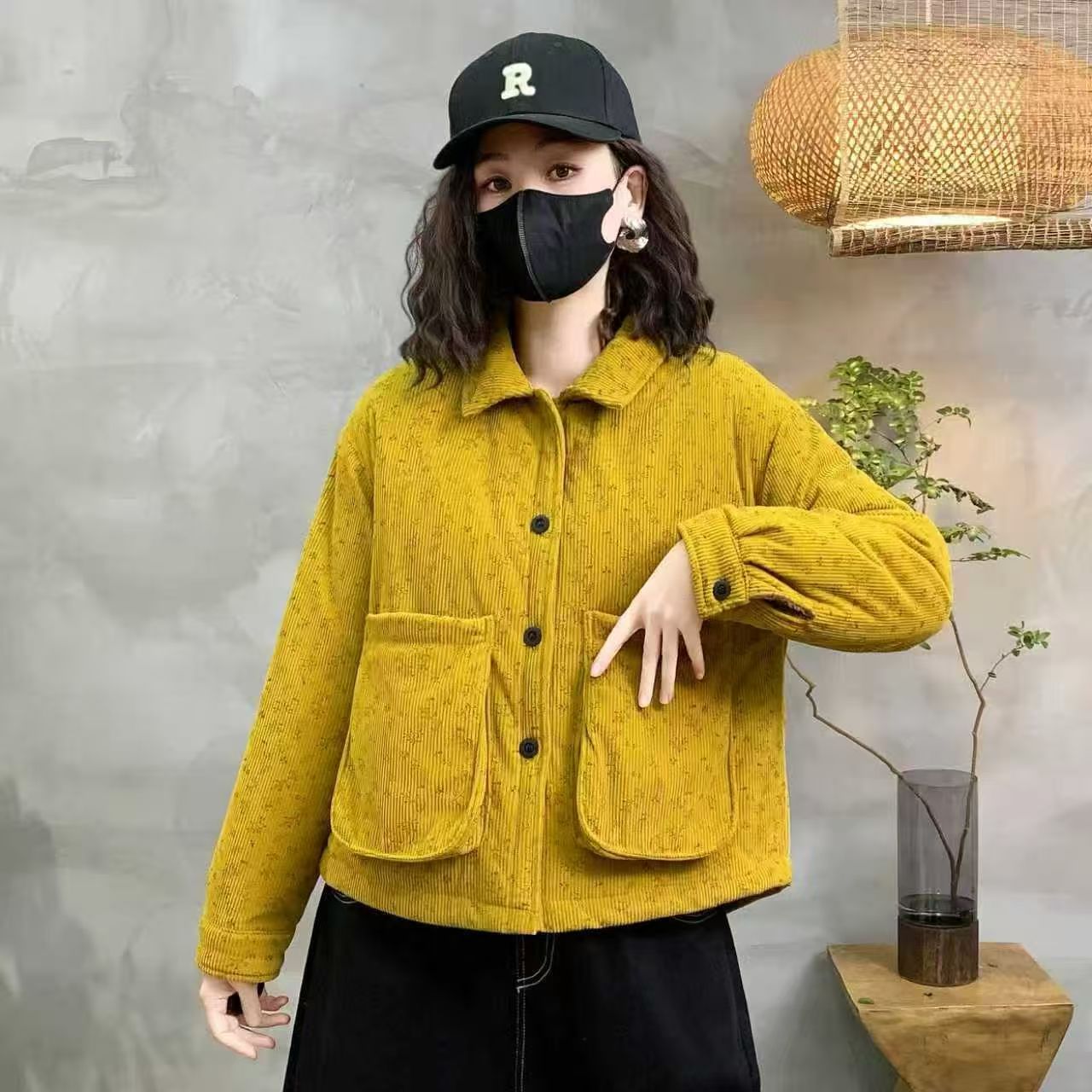 2025冬季新款复古风翻领大口袋加绒棉服宽松休闲加厚保暖棉衣外套