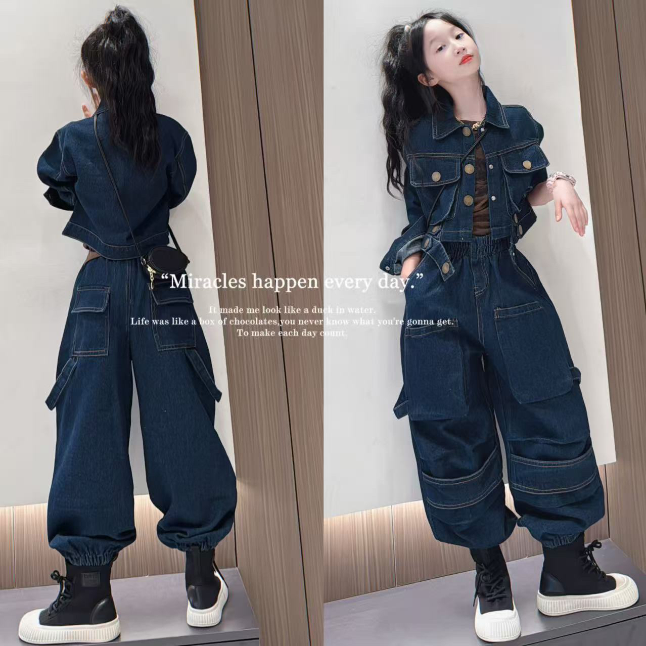 女童设计款原色牛仔套装春秋季2025新款儿童韩版外套宽松工装裤子