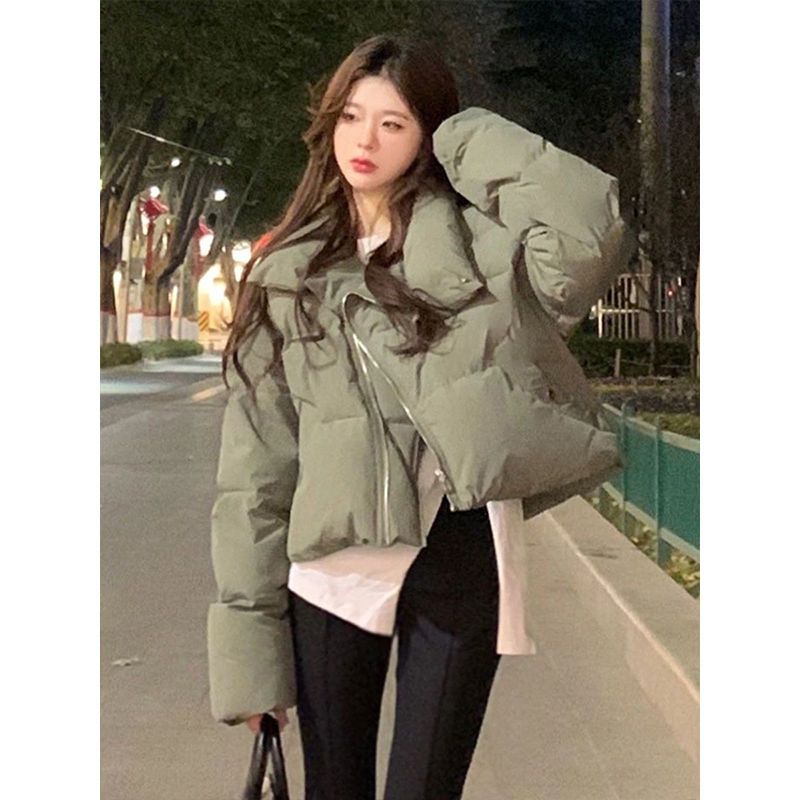 绿色棉服女2025秋冬季时尚加厚短款棉衣设计感时尚面包服外套