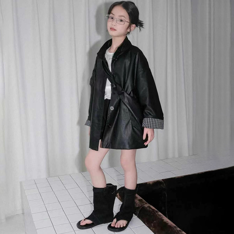 R25117韩版格子拼接皮衣外套女春秋季新款百搭女童时尚洋气夹克