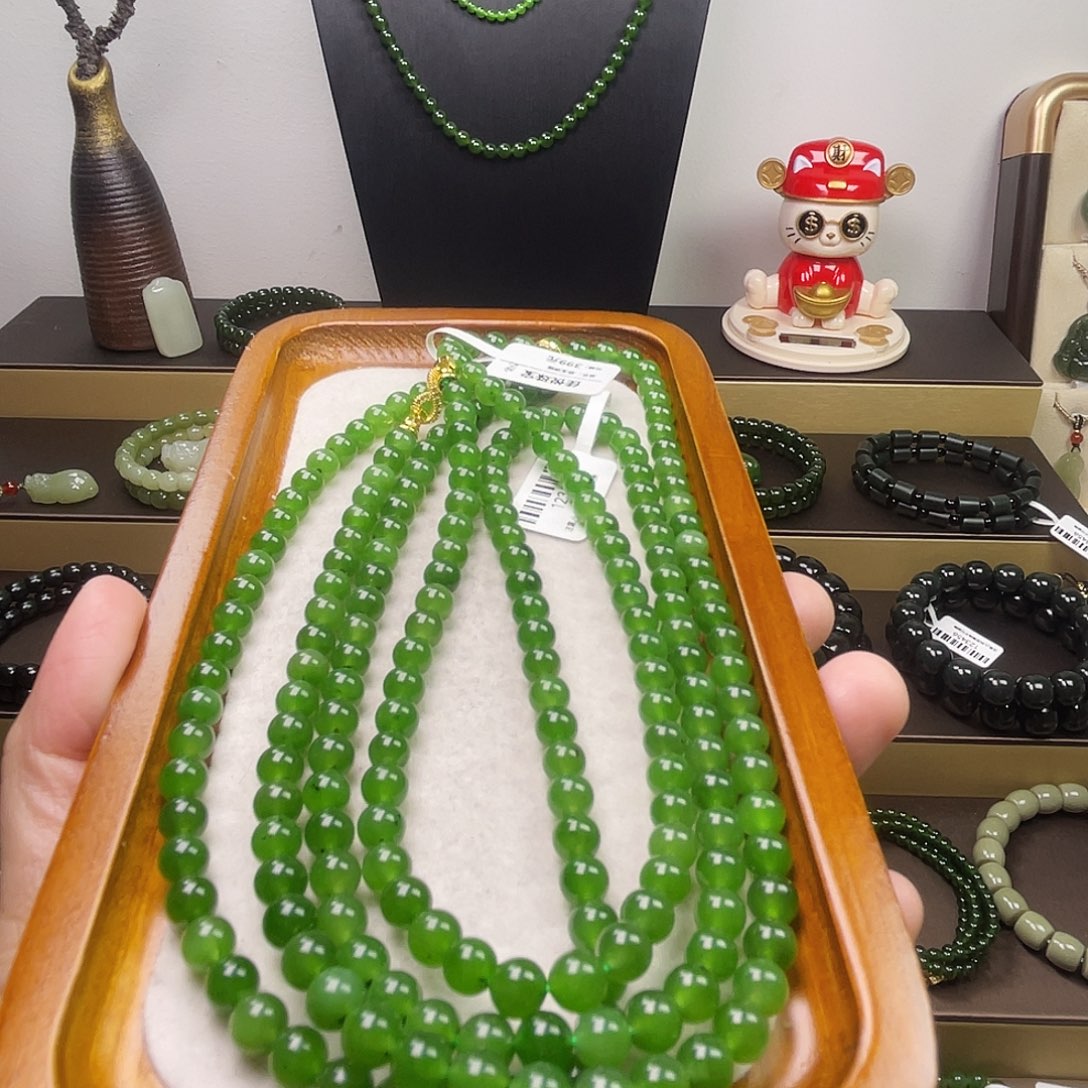 和田玉（碧玉）未镶嵌项链福利俄碧少黑点儿108颗6mm碧玉项链