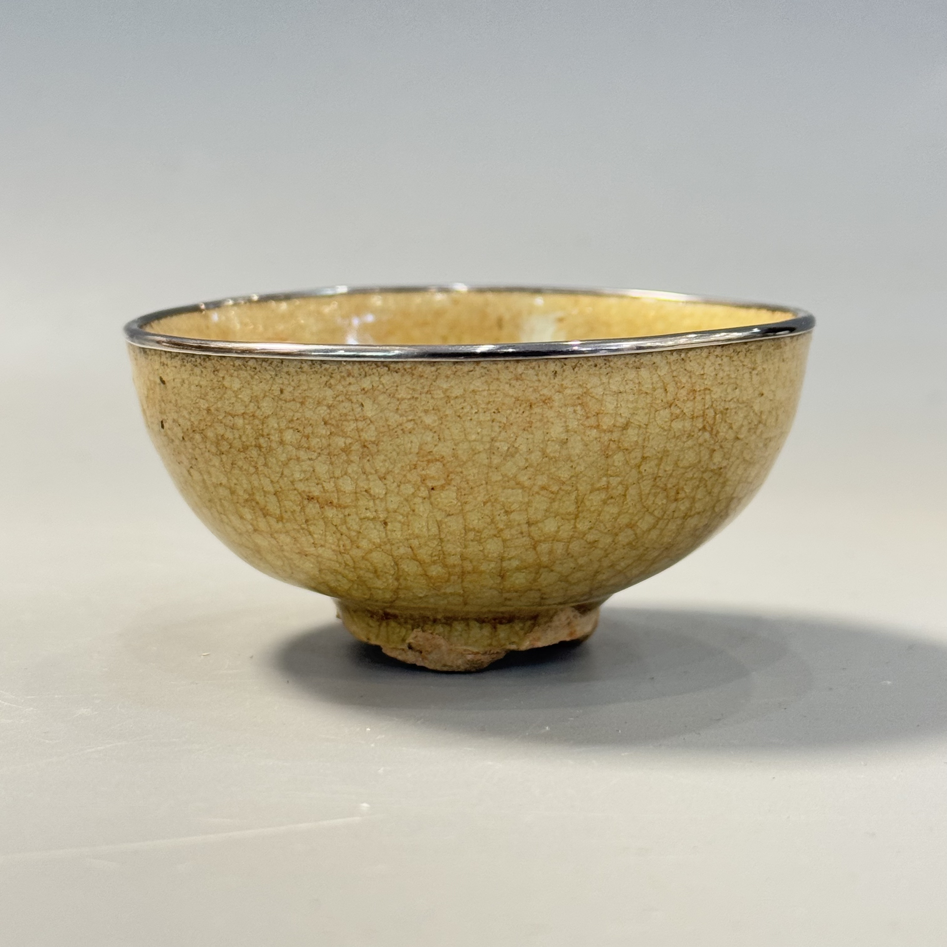 唐唐晚  洪州窑青釉盏  茶杯  口沿新包银边 口径7.8