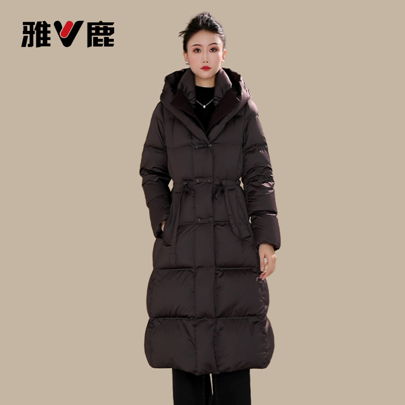 雅鹿新款时尚毛线领抽绳收腰修身长款女士保暖羽绒服