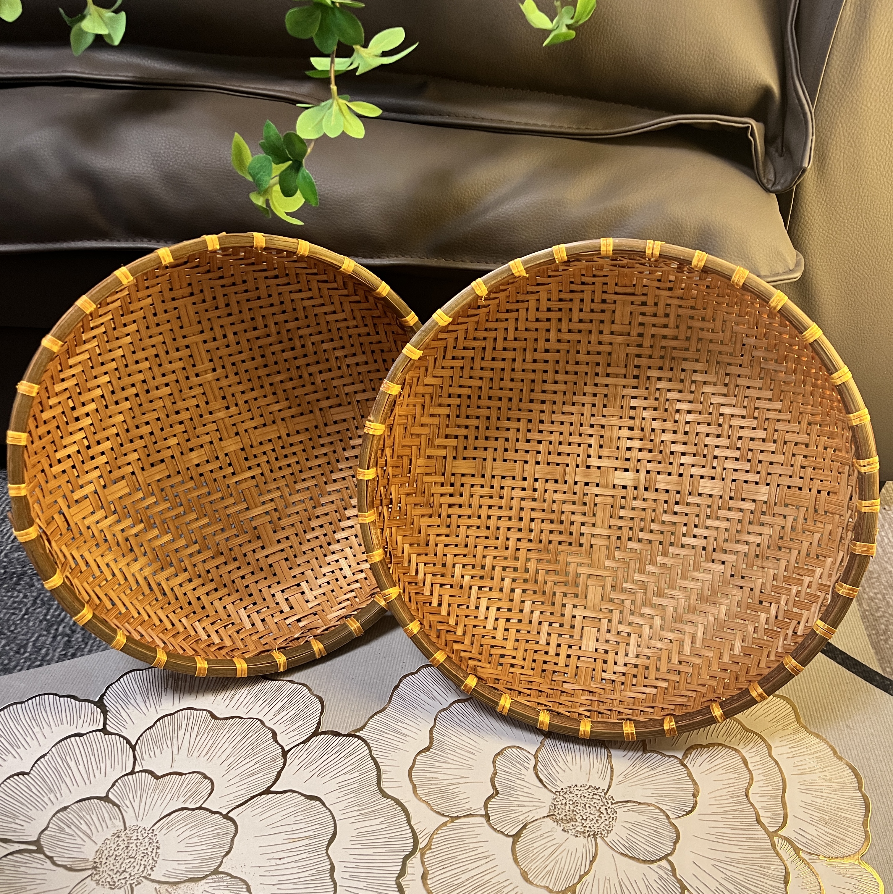 S86（到手 2个）竹编烟熏款加大号馒头筐手工编织收纳筐洗菜篮36/33