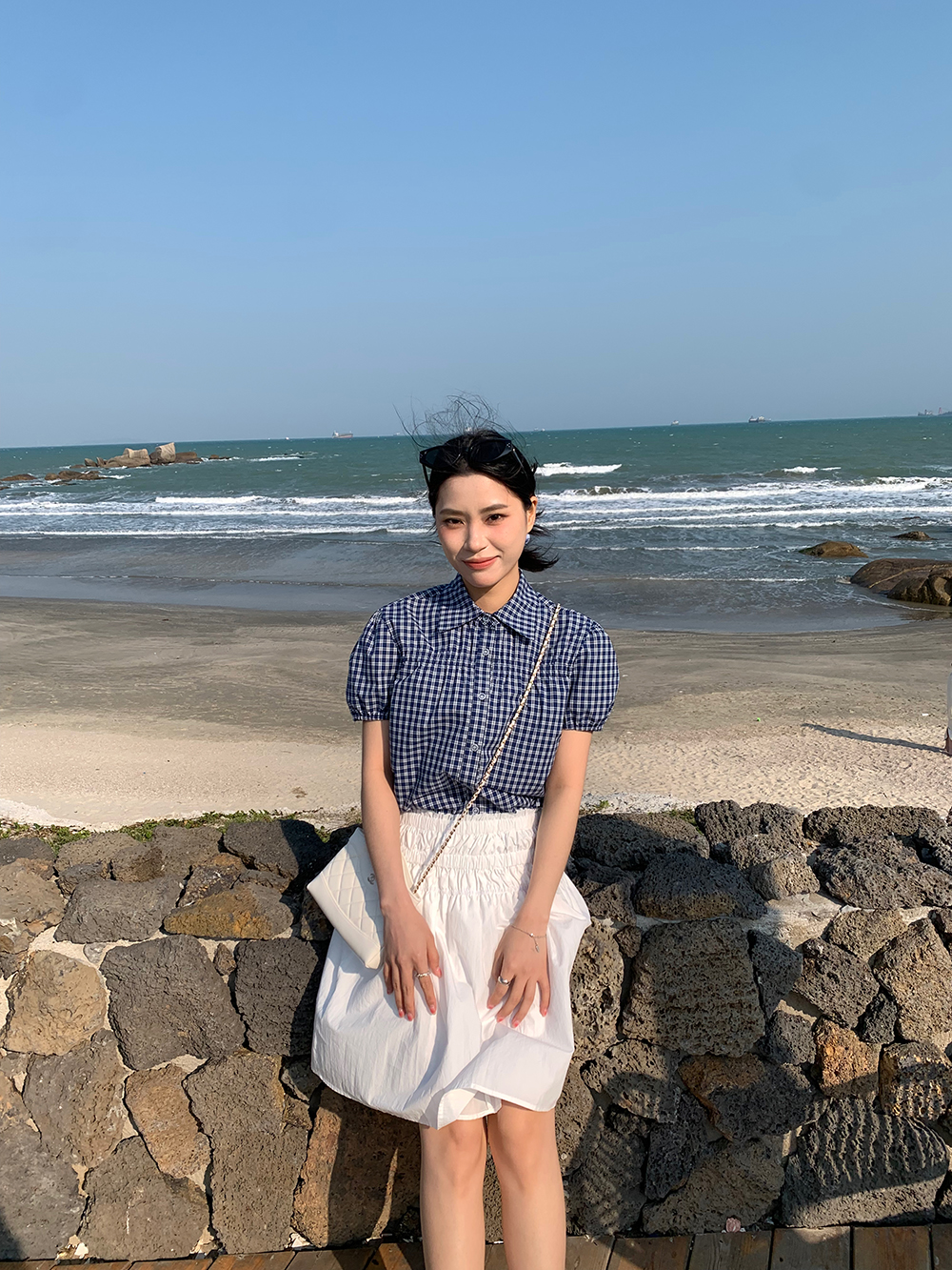 ONEXH·2025春夏新款博主同款翻领短袖格子衬衫小版型短款衬衣