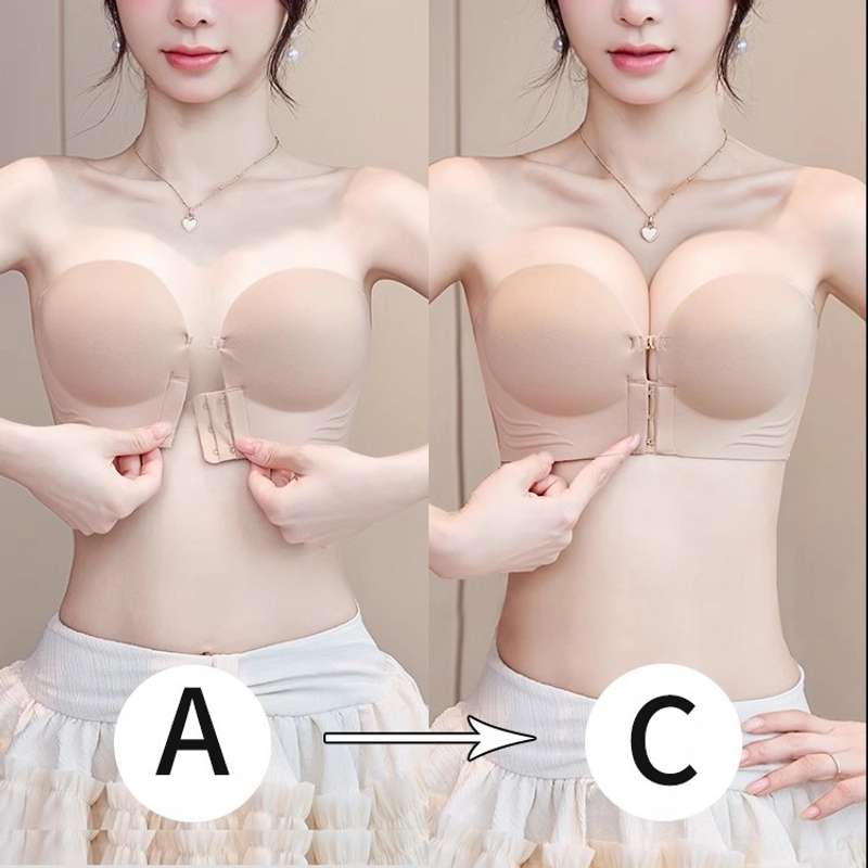 【赠透明肩带】无肩带前扣内衣少女小胸显大聚拢防滑隐形抹胸文胸罩