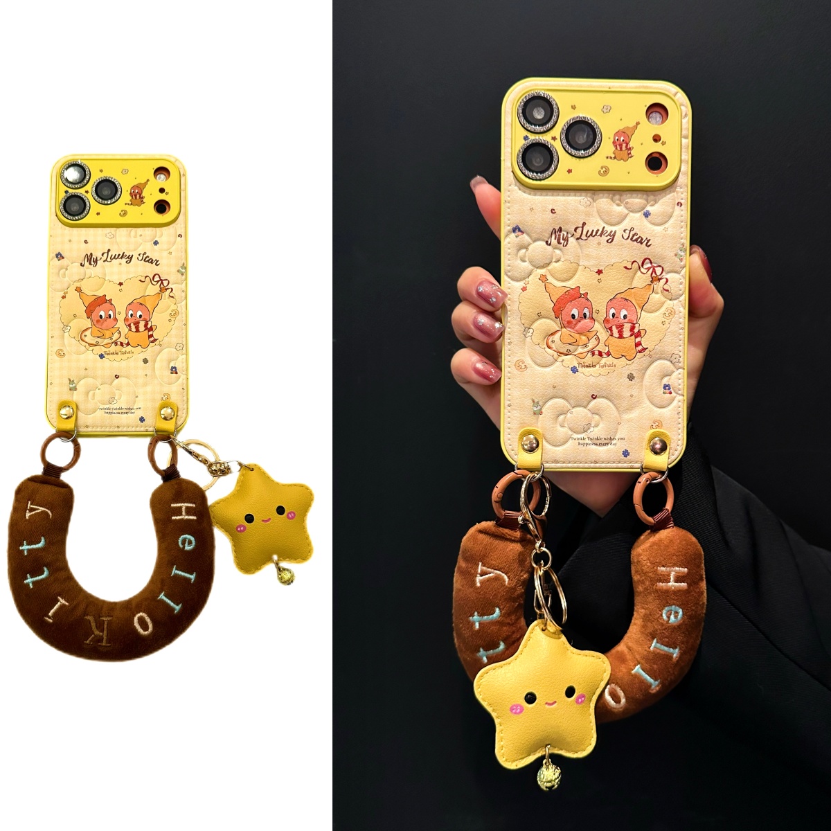 黄色爱心星星卡通皮纹适用iPhone17promax苹果16手机壳15腕带14女