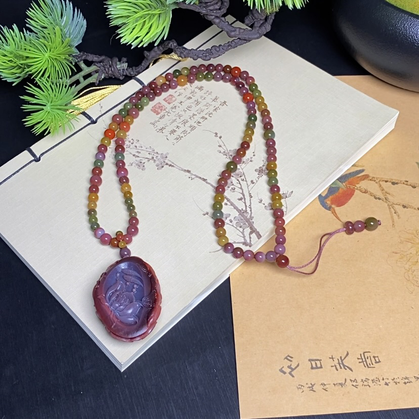 天然四川大凉山盐源玛瑙浓郁彩色荷花鱼年年有鱼吊坠珠链项链