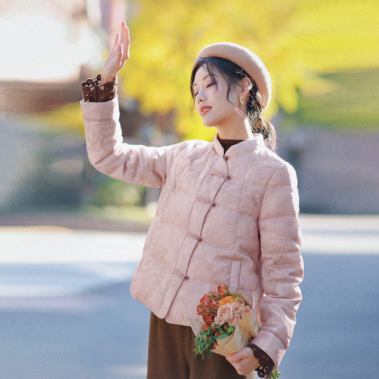 红念粉色新中式国风羽绒服短款冬装氛围感羽绒服入冬漂亮衣服