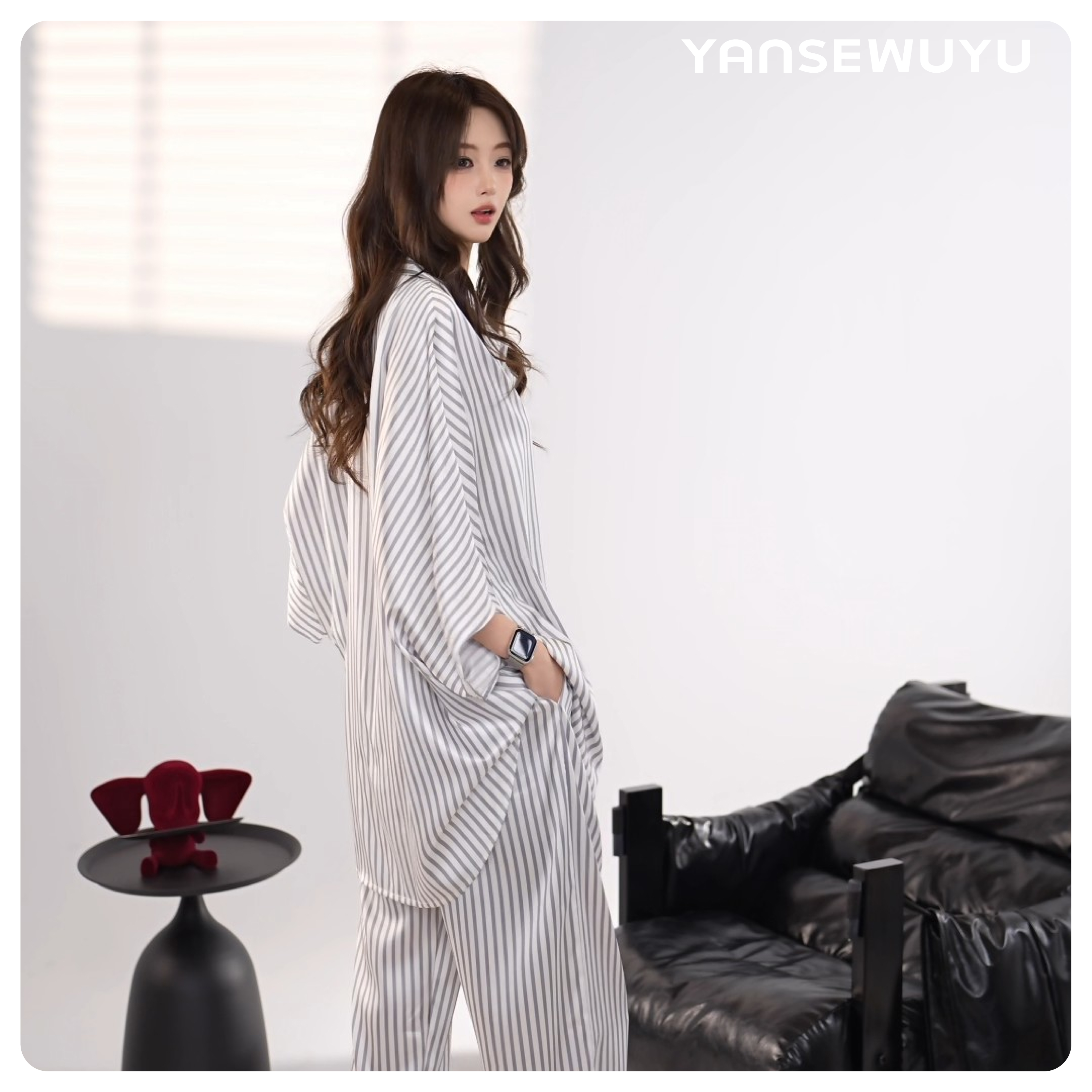 妍色物语【素格悠眠】轻奢纯条纹爆款家居服套装丝织睡衣女套装四季