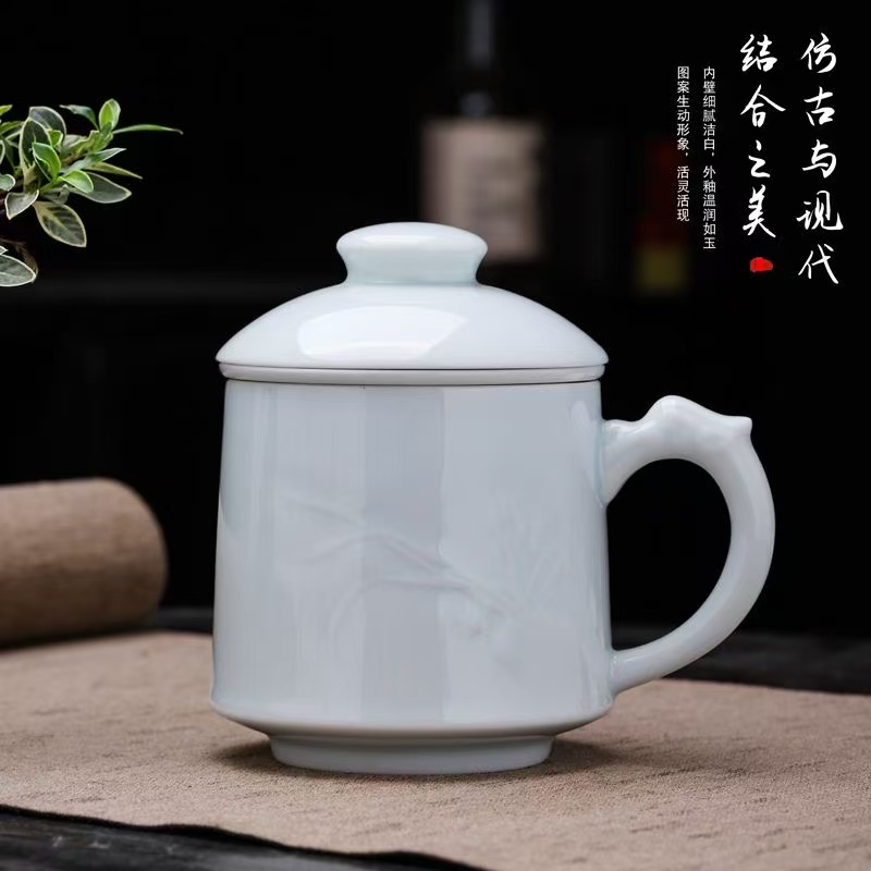 E6540 收藏 影青兰花龙把办公杯