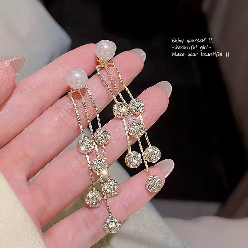 925银耳饰 925银针高级设计感长款流苏珍珠耳环ins潮轻奢小众