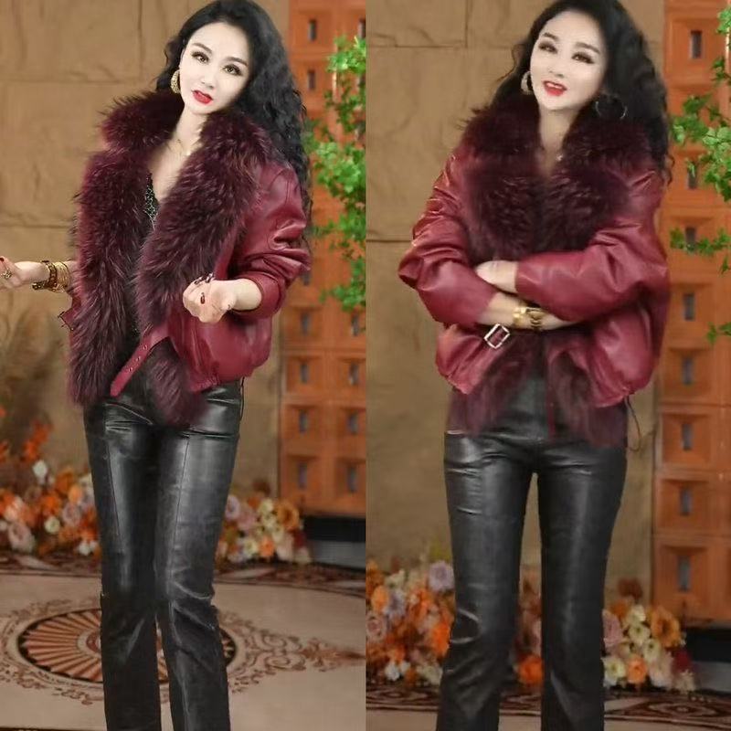 621【凡家衣橱】时尚百搭洋气个性设计感貉子毛领加绒加厚皮衣