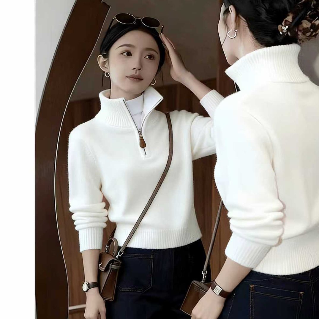 1115半拉链高领针织女秋冬新款高级感显瘦短款小众毛衣上衣长袖