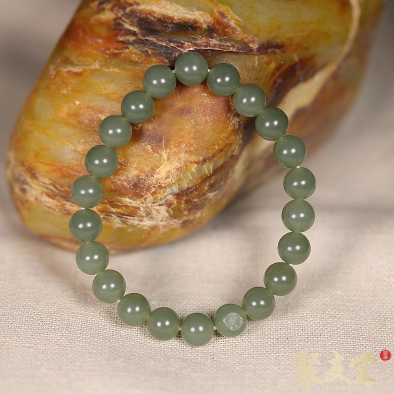 聚友堂王伟玉雕8.2mm新疆和田玉籽料沙枣青圆珠手链手串珠串648