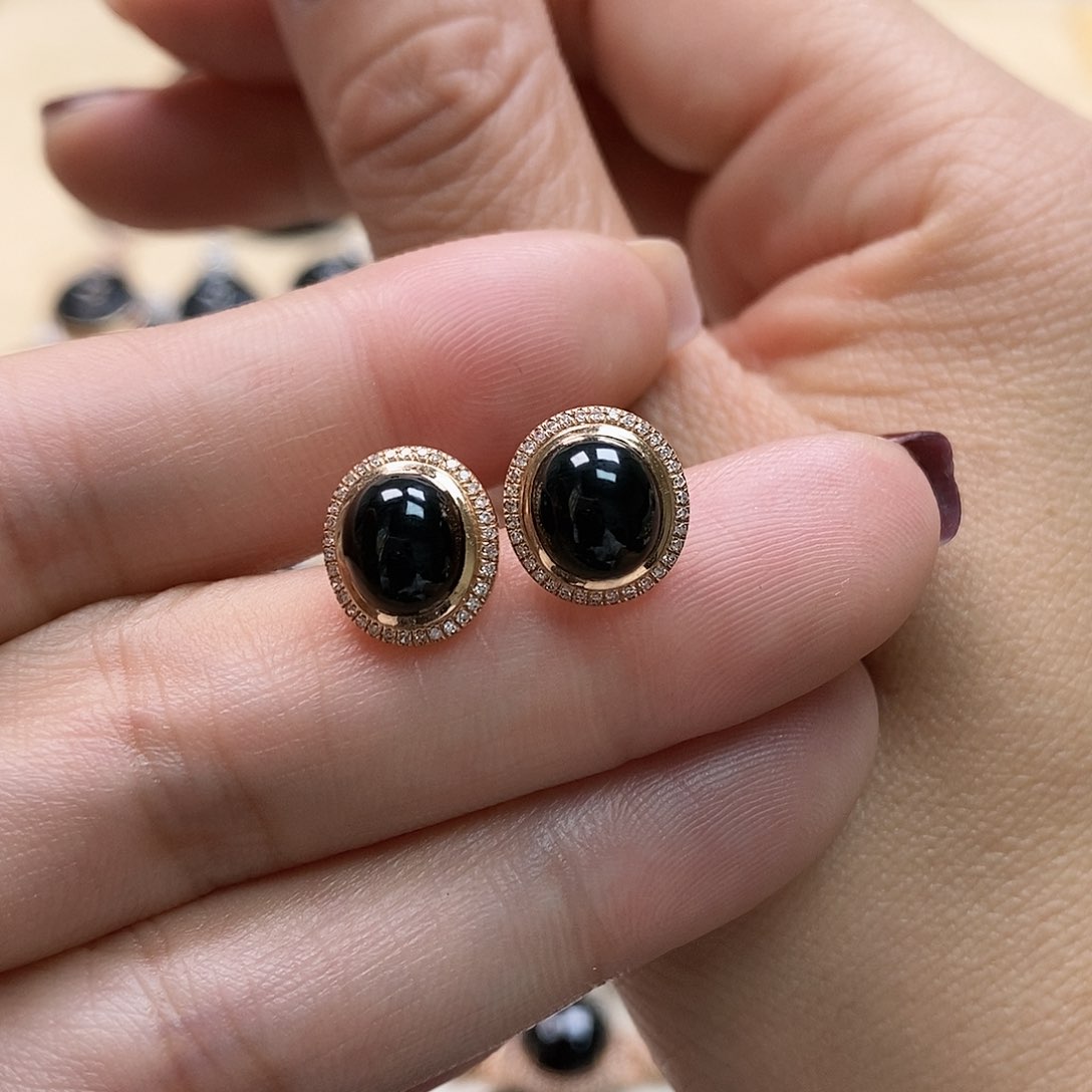 翡翠耳饰18K金镶嵌墨翠