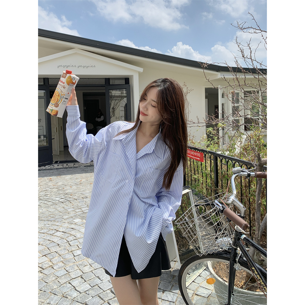 秋季新款韩版休闲慵懒宽松百搭双口袋中长款衬衫女上衣长袖衬衣