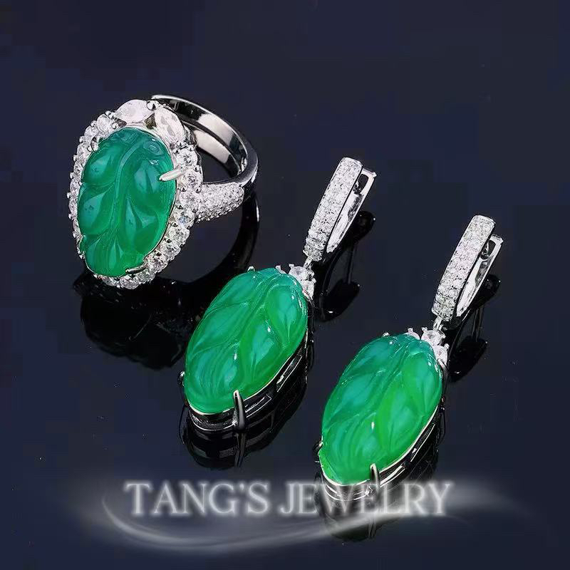 铜合金胸针 绿羽毛 戒指 高定 戒指耳饰