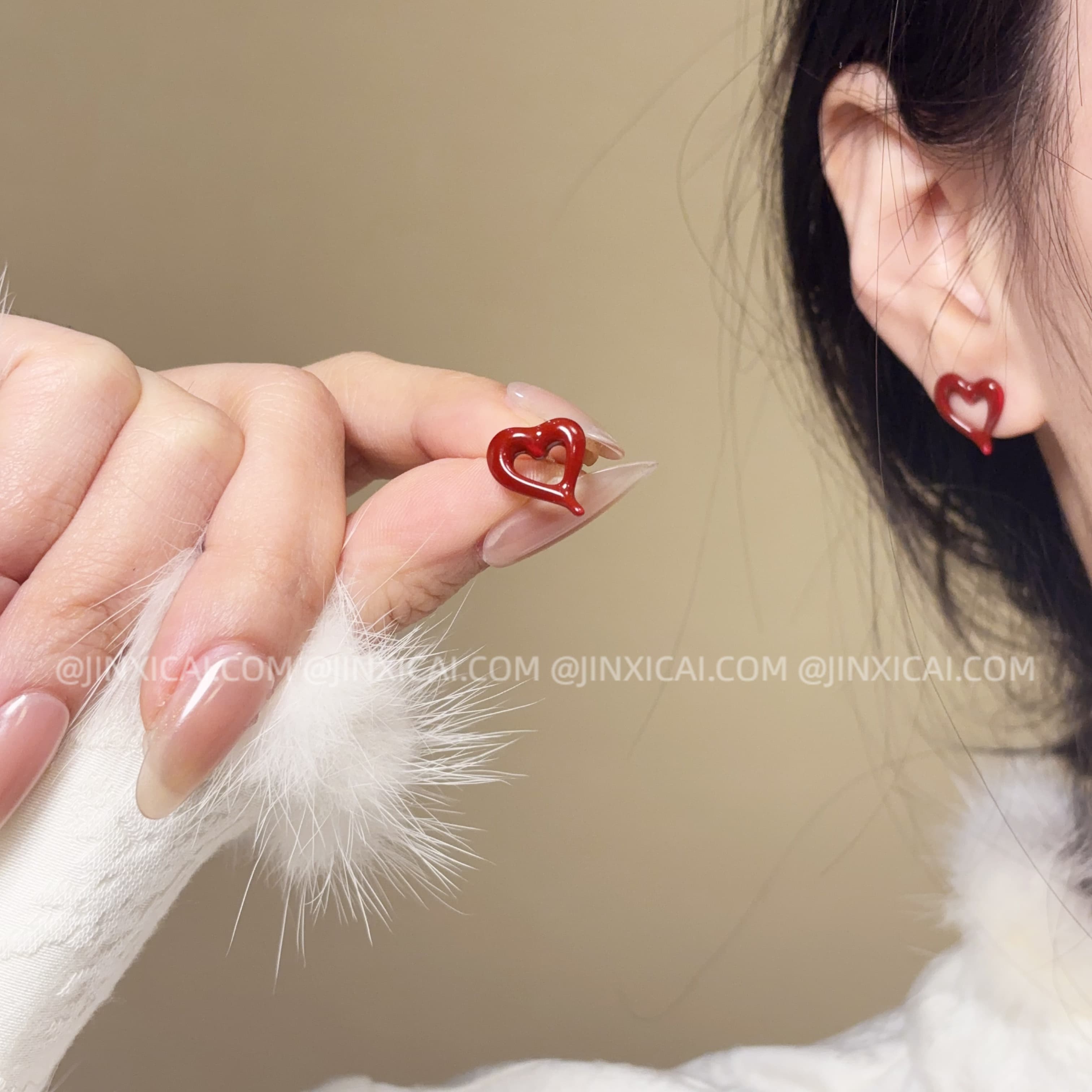 合金耳饰 【跳动之心】JXC金喜彩复古轻奢超仙气质红色爱心耳钉6207