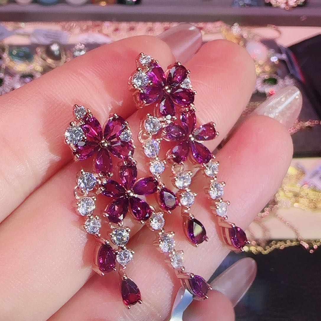 石榴石（紫牙乌）耳饰银S925镶嵌