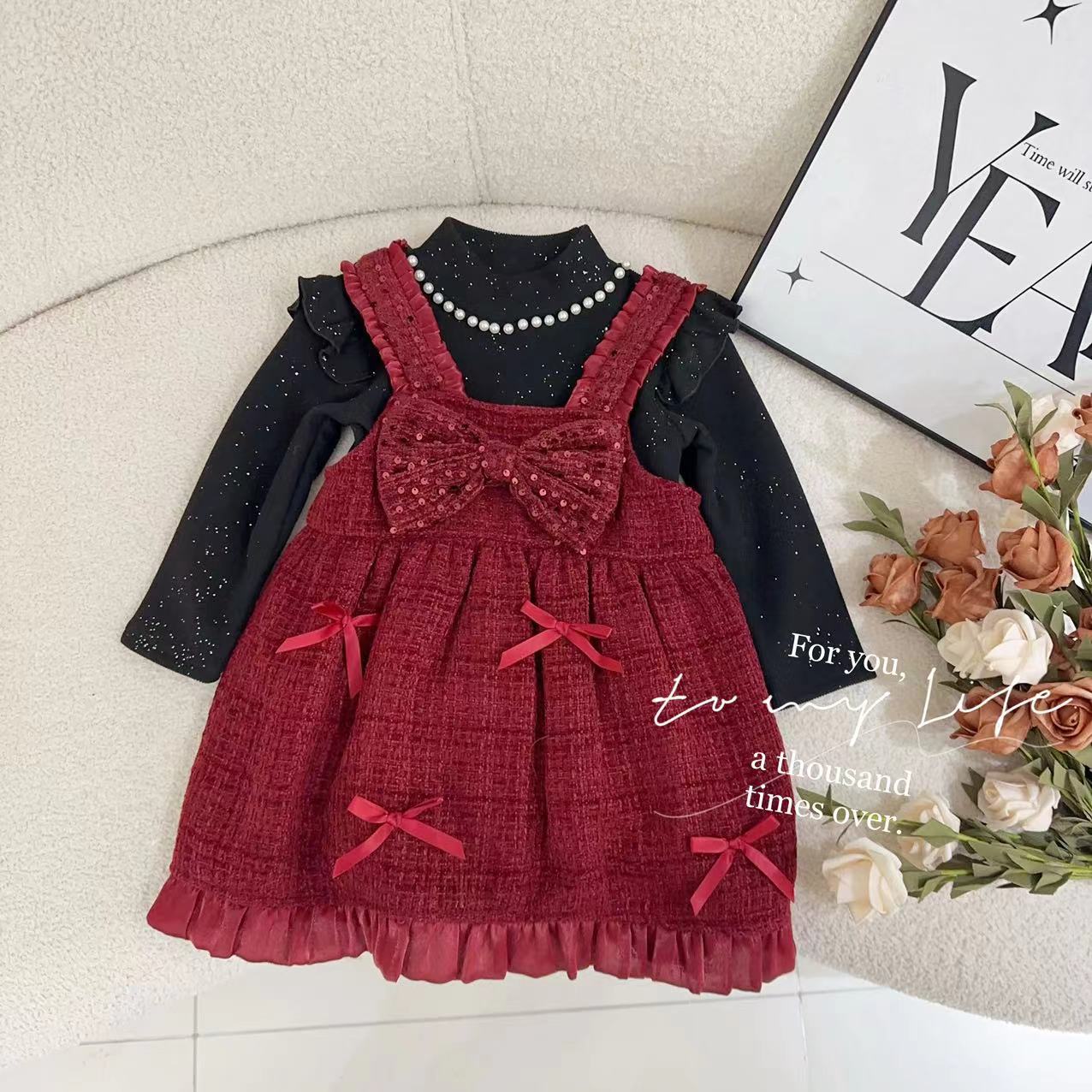 【跨年千金范】汤圆家童装2024冬季新款蝴蝶结加绒背带裙 YA-791