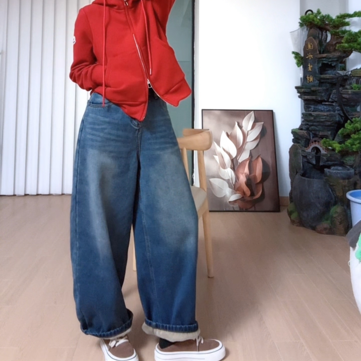 高端欧货秋冬新款复古时尚抓绒水洗牛仔裤宽松显瘦百搭弯刀阔腿裤