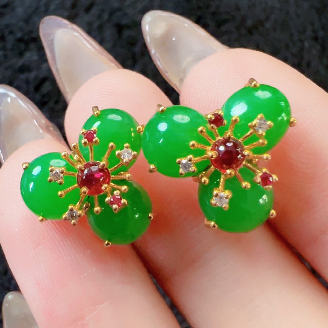 翡翠耳饰18K金镶嵌签收后24小时鉴赏期